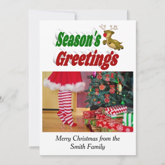 季節のごあいさつ飛んでいるトナカイのクリスマスフォト シーズンカード (正面)