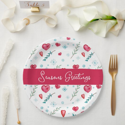季節のごあいさつ |かわいいスノーフレーク&ハート休日 ペーパープレート (ウェディング)