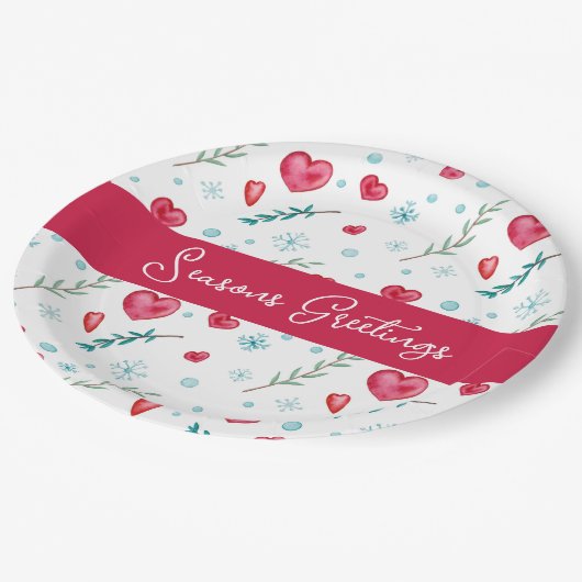 季節のごあいさつ |かわいいスノーフレーク&ハート休日 ペーパープレート (アングル)