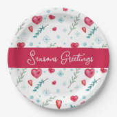 季節のごあいさつ |かわいいスノーフレーク&ハート休日 ペーパープレート (正面)
