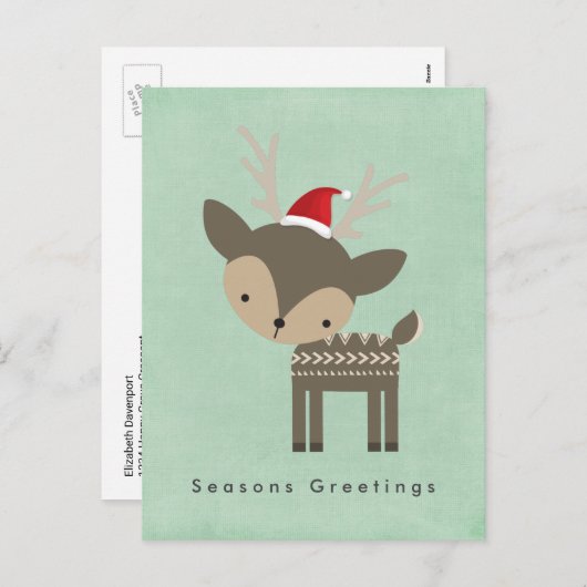季節のごあいさつRed Santa Hatのクリスマスディアー シーズンポストカード (正面/裏面)