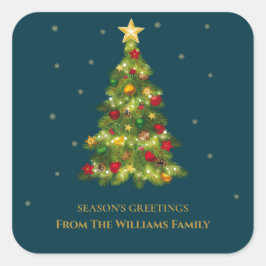 季節のご挨拶 ゴールドスノーフレーク ツリー ファミリー ネーム スクエアシール