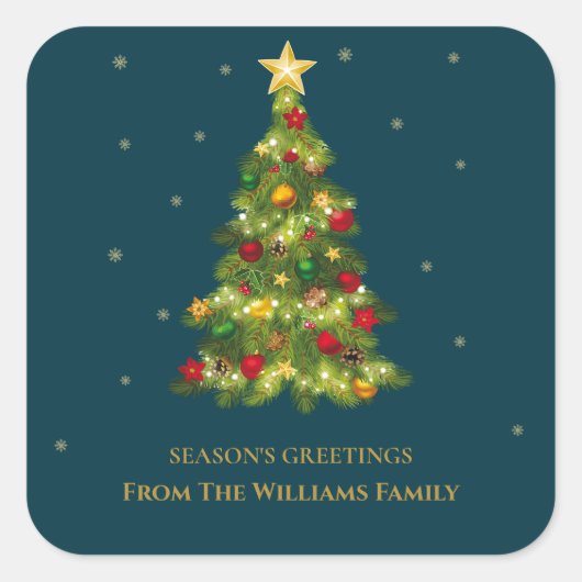 季節のご挨拶 ゴールドスノーフレーク ツリー ファミリー ネーム スクエアシール (正面)