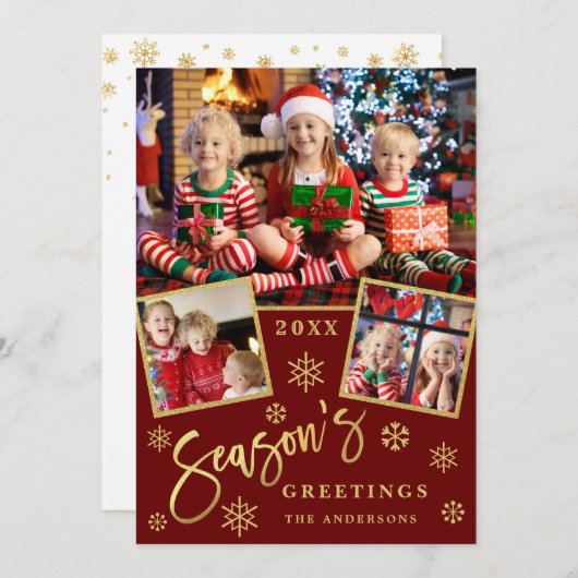 季節のご挨拶 モダンスクリプト 3 枚の写真 コラージュ シーズンカード (正面/裏面)