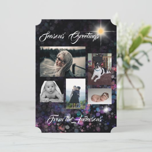 季節のご挨拶 黒のグリッター背景に写真 シーズンカード (スタンド正面)