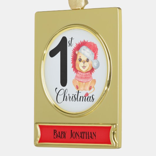 季節のクマ男の赤ちゃん第1クリスマスの名前 ゴールドプレートバナーオーナメント (左)