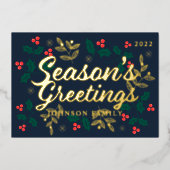 季節のグリーティング モダンなホリーデコレーション 箔シーズンカード (正面)