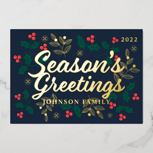 季節のグリーティング モダンなホリーデコレーション 箔シーズンカード (正面)