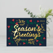 季節のグリーティング モダンなホリーデコレーション 箔シーズンカード (立ち正面)