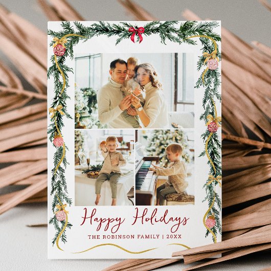 季節のグリーンとリボン お正月 3 枚の写真 シーズンカード