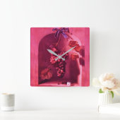 季節のフルーツはブドウの旧式なピンクの素朴つるしました スクエア壁時計 (ホーム)