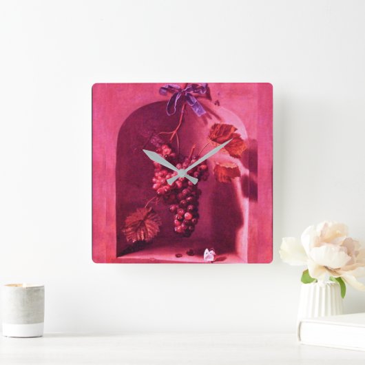 季節のフルーツはブドウの旧式なピンクの素朴つるしました スクエア壁時計 (ホーム)
