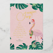 季節の喜びピンクサンタフラミンゴ熱帯葉の 箔シーズンカード (正面)