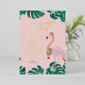 季節の喜びピンクサンタフラミンゴ熱帯葉の 箔シーズンカード (立ち正面)
