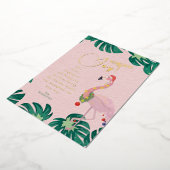 季節の喜びピンクサンタフラミンゴ熱帯葉の 箔シーズンカード (回転した状態)