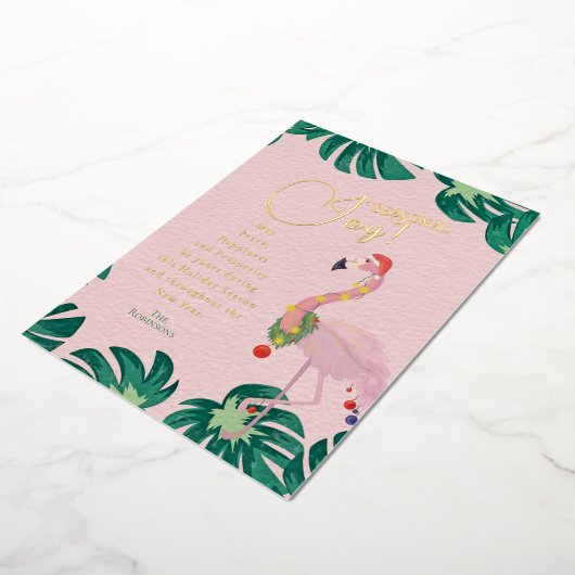季節の喜びピンクサンタフラミンゴ熱帯葉の 箔シーズンカード (回転した状態)