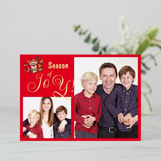 季節の喜び家族の写真クリスマスリース赤いフレーム 箔シーズンカード (立ち正面)