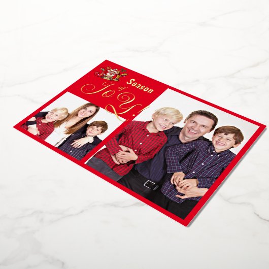 季節の喜び家族の写真クリスマスリース赤いフレーム 箔シーズンカード (回転した状態)