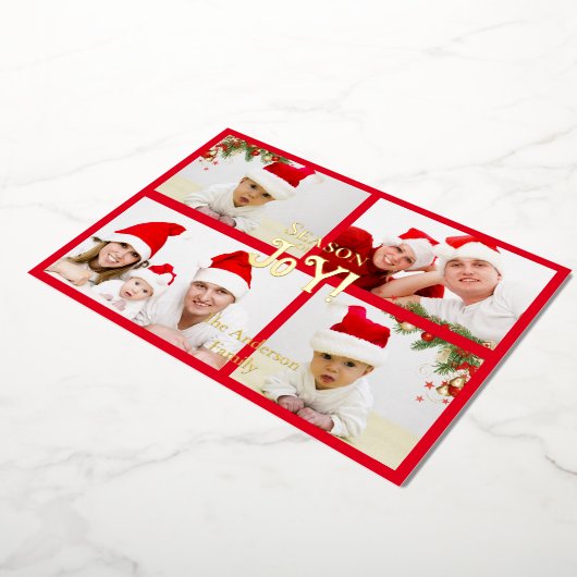 季節の喜び家族の写真クリスマスリース赤 箔シーズンカード (回転した状態)