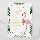 季節の喜び熱帯葉のピンクサンタフラミンゴ 箔シーズンカード (正面)