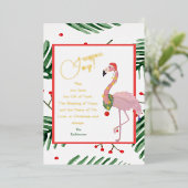 季節の喜び熱帯葉のピンクサンタフラミンゴ 箔シーズンカード (立ち正面)