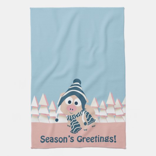 季節の挨拶のブタ キッチンタオル (縦)