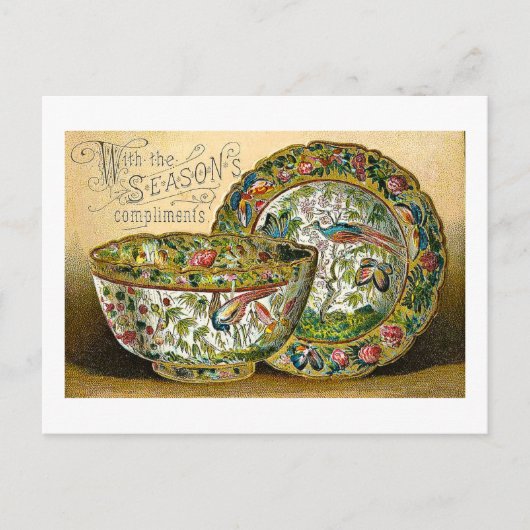季節の挨拶のヴィンテージの中国はビクトリア時代の人を皿に盛ります シーズンポストカード (正面)