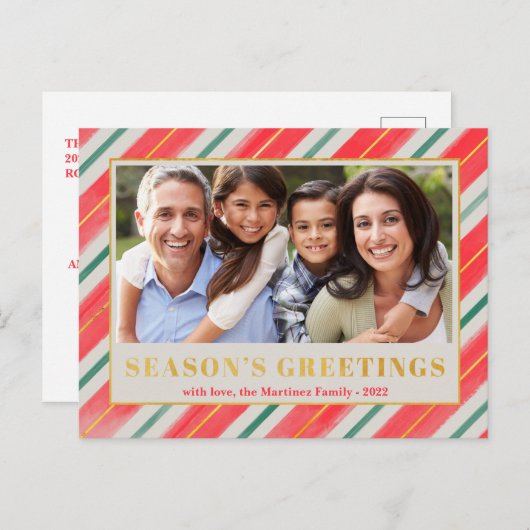 季節の挨拶の写真ストライプクリスマス シーズンポストカード (正面/裏面)