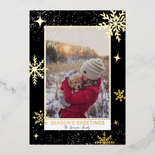 季節の挨拶の星雪の黒い写真 箔シーズンカード (正面)