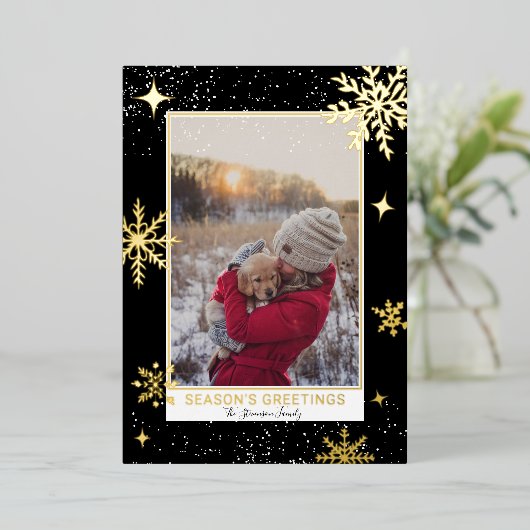 季節の挨拶の星雪の黒い写真 箔シーズンカード (立ち正面)