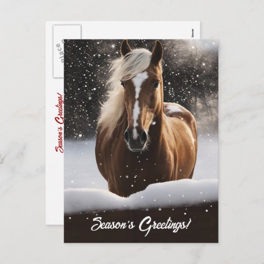 季節の挨拶の馬と雪 シーズンポストカード (正面/裏面)