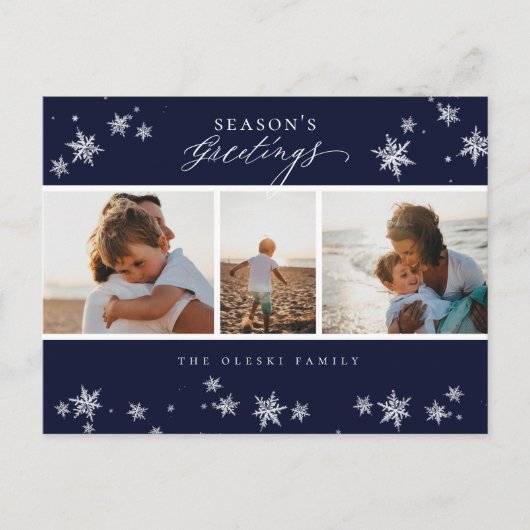 季節の挨拶スノーフレーク·フォトコラージュ·ブルー シーズンポストカード (正面)