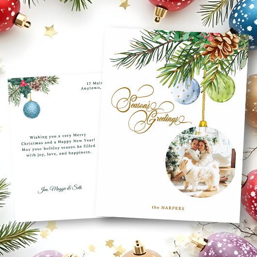 季節の挨拶パインクリスマスオーナメント写真 シーズンポストカード