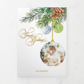 季節の挨拶パインクリスマスオーナメント写真 三つ折りクリスマスカード (カバー)