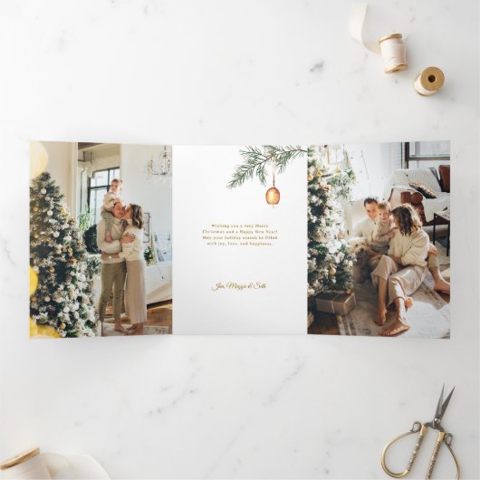 季節の挨拶パインクリスマスオーナメント写真 三つ折りクリスマスカード (内部)