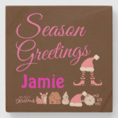 季節の挨拶 – ピンク色の茶色の名前モノグラム | ストーンコースター (正面)