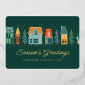 季節の挨拶 モダンな冬の雪の村 箔シーズンカード (正面)