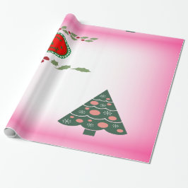 季節の挨拶 活き活きとした緑の枠 ホリー/ツリー ラッピングペーパー