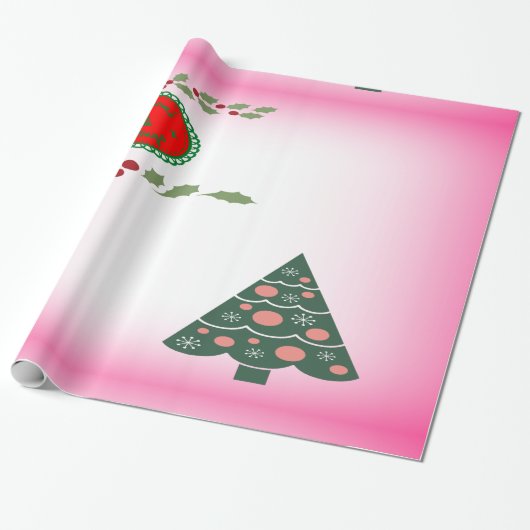 季節の挨拶 活き活きとした緑の枠 ホリー/ツリー ラッピングペーパー (アンロールド)