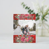 季節の挨拶 赤い緑の松ぼっくり 松の枝の写真 シーズンカード (スタンド正面)