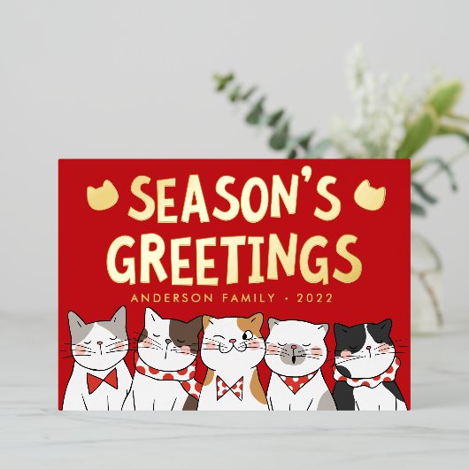 季節の挨拶 面白い かわいい 猫たちの合唱 箔シーズンカード (立ち正面)