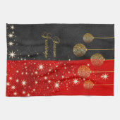 季節の挨拶-黒く、赤および金ゴールドのクリスマス キッチンタオル (横)