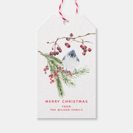 季節の挨拶 – Christmas Greenery w Bird ギフトタグ (正面)
