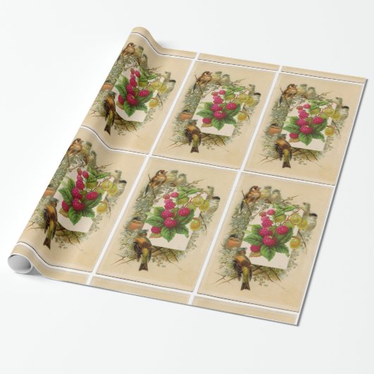 季節の果実/自然，鳥とラズベリー ラッピングペーパー (アンロールド)