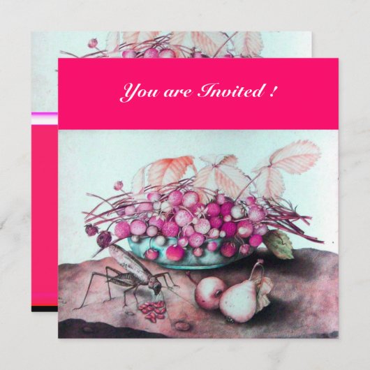 季節の果物 / イチゴ、梨 Fuchsiaピンク 招待状 (正面/裏面)