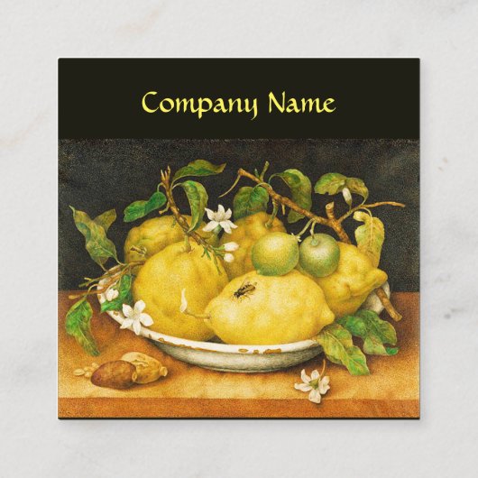 季節の果物、レモン、白い花は黄色 スクエア名刺 (裏面)