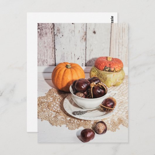 季節の素朴な秋の栗とパンプキンの静物画 ポストカード (正面/裏面)