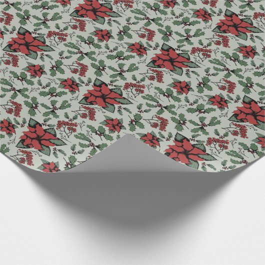 季節の赤いポインセティアスとベリーグリーン ラッピングペーパー (角)