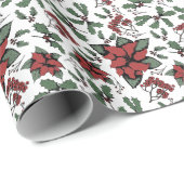 季節の赤いポインセティアスとベリー白 ラッピングペーパー (ロールコーナー)