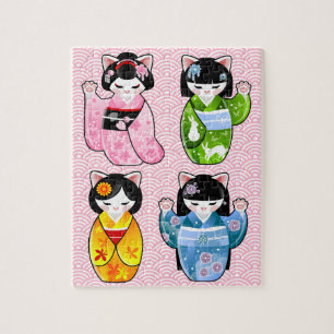 季節のManeki 4 Nekoのかわいい猫の着物Kokeshi ジグソーパズル